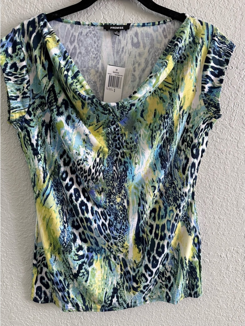 NWT Premise Cowl Neck Top Blue Green Animal Print Stretch Knit Blouse Size S